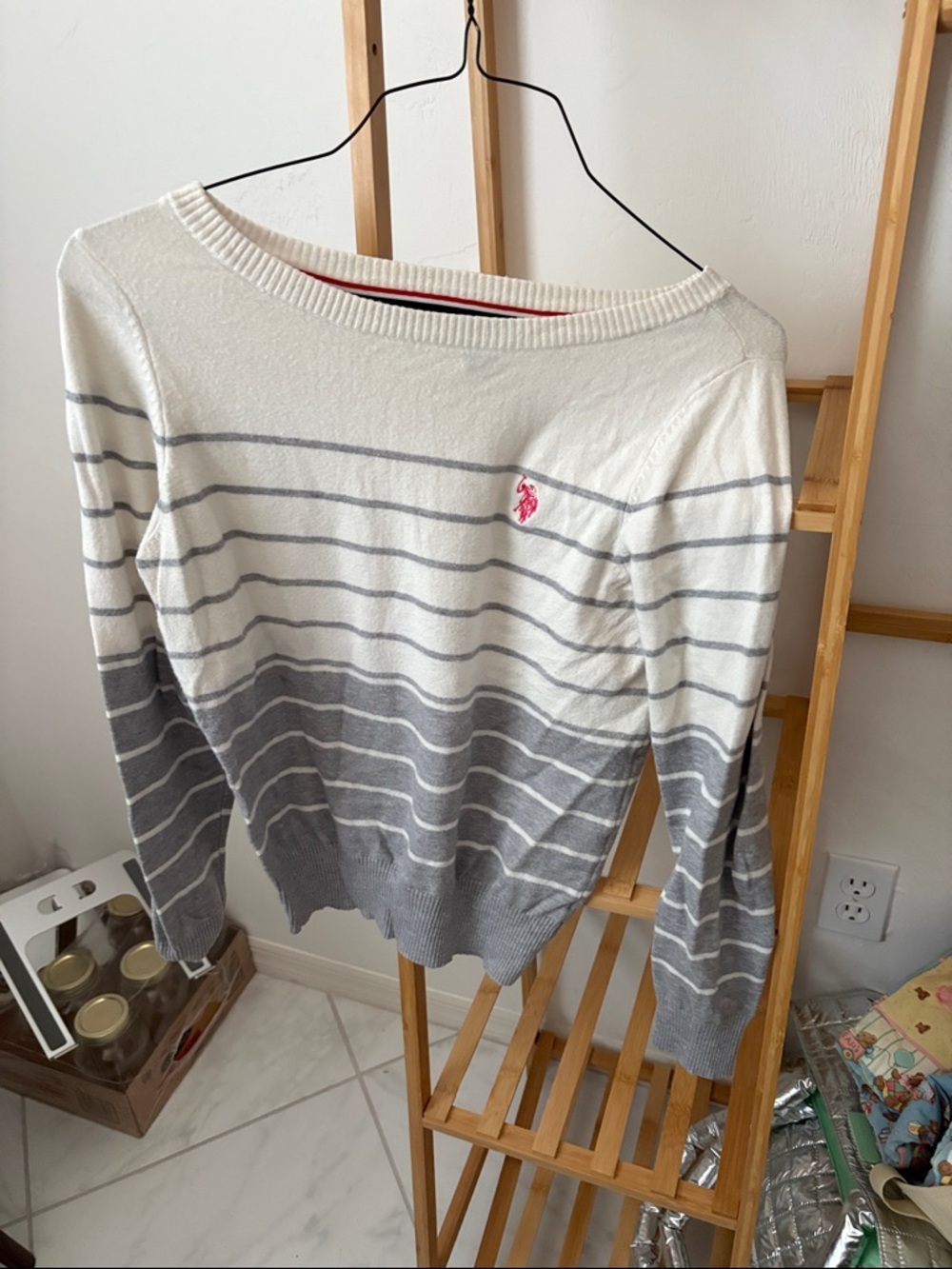 U.S. Polo Assn. Cream and Gray Striped Boatneck Sweater with Pink Logo